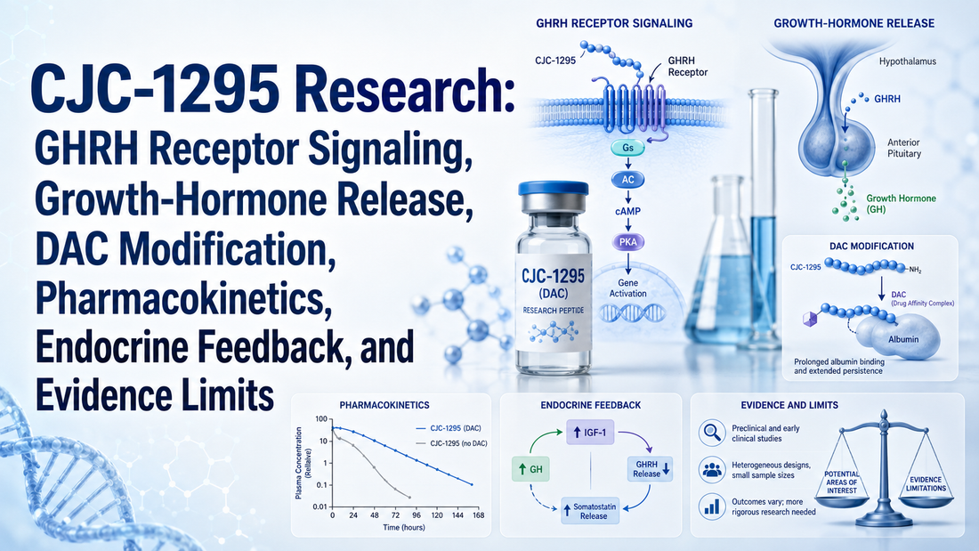 CJC-1295 Research: GHRH Receptor Signaling, Growth-Hormone Release, DAC Modification, Pharmacokinetics, Endocrine Feedback, and Evidence Limits